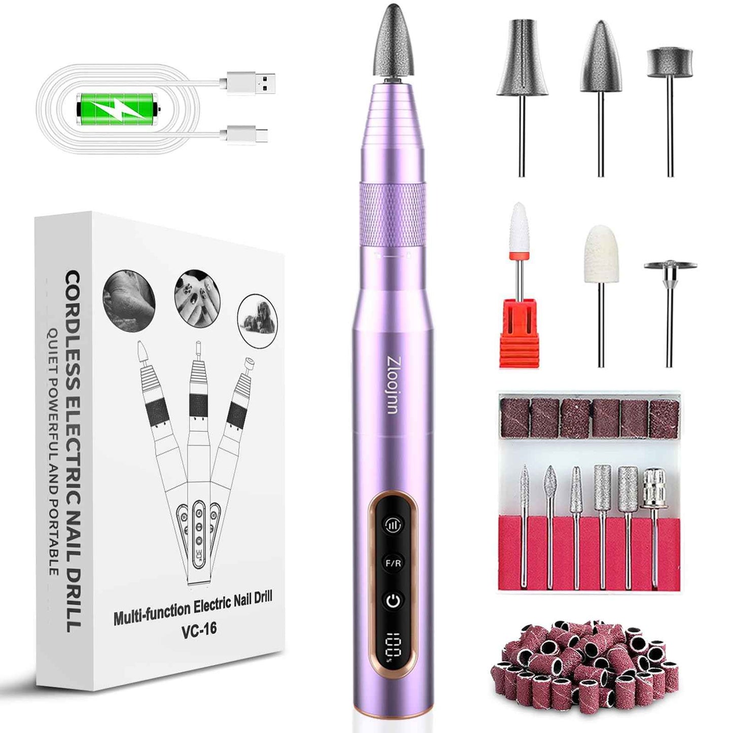 Professional Electric Nail Drill Kit,30000RPM Alloy Electric Nail File for Acrylic Nails Gel Polishing Callus Remover,LED Display,12 in 1 Cordless Quiet Manicure Pedicure Kit for DIY,Home Salon Use
