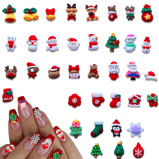 37PCS Christmas Nail Art Charms 3D Mixed Christmas Resin Charms Cartoon Santa Claus Elk Xmas Tree Gloves Bells Snowman Nail Designs Nail Supplies for Women