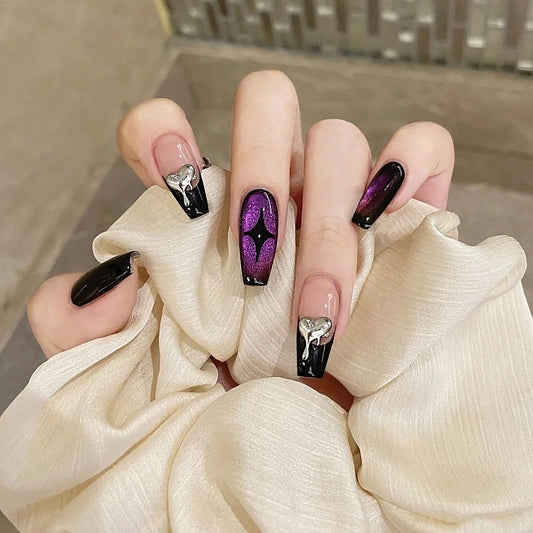 Press on Nails Medium Length Square Fake Nails Purple Cat Eye Glue on Nails with 3D Heart Stars Designs Stick on Nails Black French Tip Stick on Nails for Women and Girls 24 PCS Nail Decorations