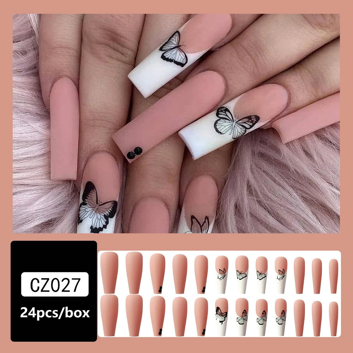 Coffin Press on Nails Long with Butterfly Designs Pink and White Long Fake Nails Glossy Full Cover Glue on Nails with Designs Acrylic Nails for Women 24PCS