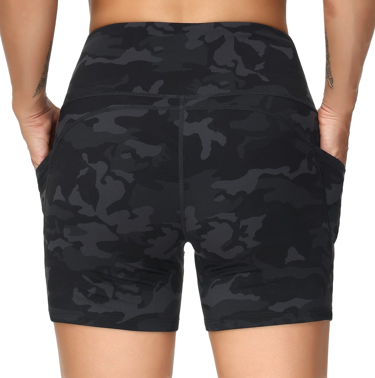 THE GYM PEOPLE High Waist Yoga Shorts for Women Tummy Control Fitness Athletic Workout Running Shorts with Deep Pockets (Small, Black Camo)