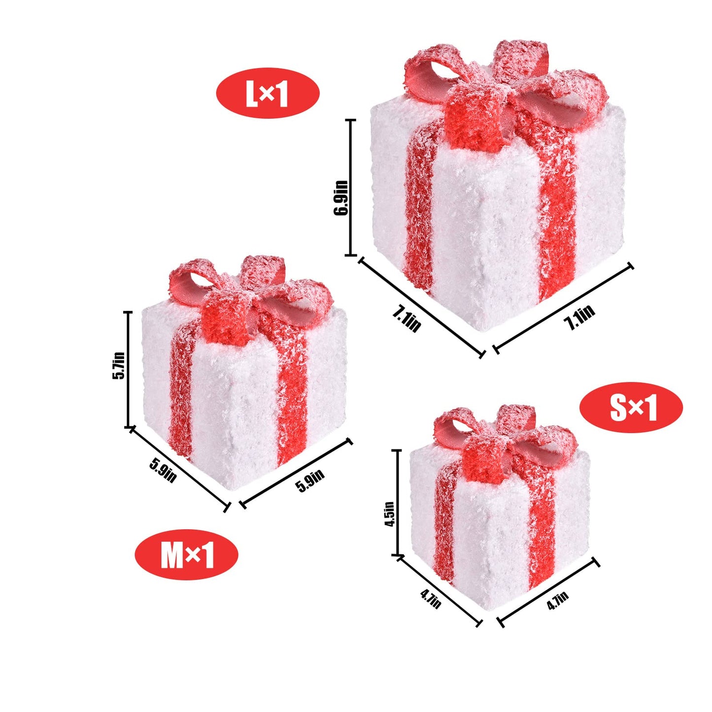 COVFEVER Light up Gift Boxes, Light up Red Bows Present Boxes with Battery Operated for Christmas Decorations Indoor and Outdoor (3 Pack)