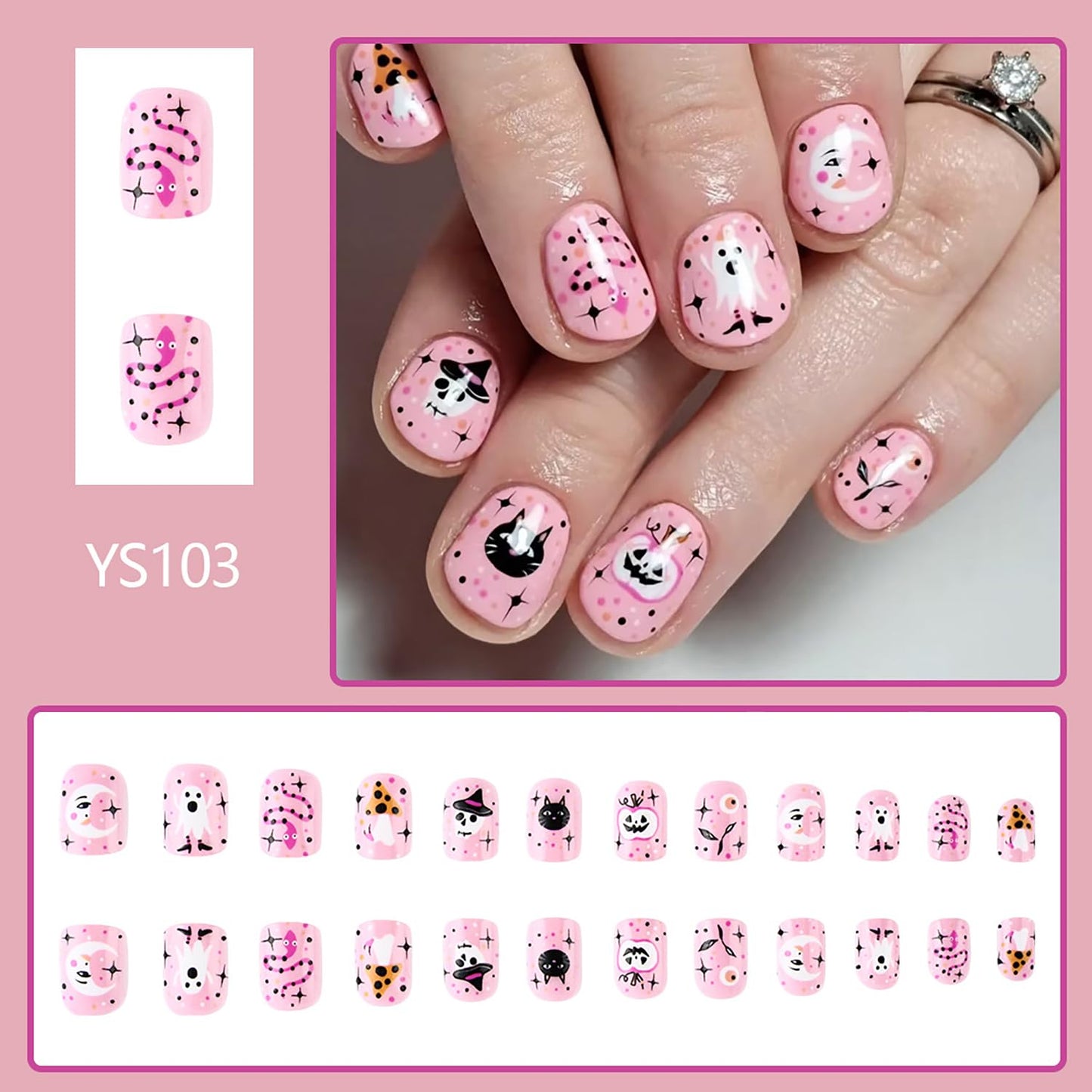 Halloween Press on Nails Short Square Petite Fake Nails Pink Little Ghost False Nails with Designs Glue on Nails Halloween Stick on Nails Cute Cat Acrylic Nails with Nail Glue for Women 24 Pcs