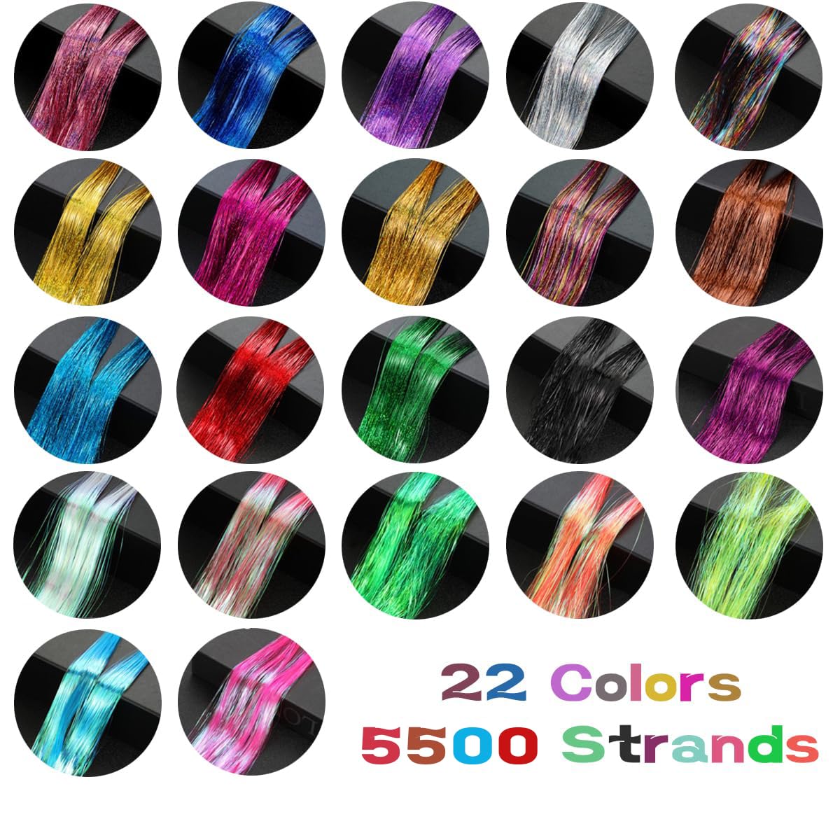 Hair Tinsel Kit for Girls 22 Colors 5500 Strands Tinsel Hair Extensions Sparkling Colorful Fairy Hair Tinsel Kit Heat Resistant Shiny Glitter Hair Tinsel (22 Colors/5500 Strands)