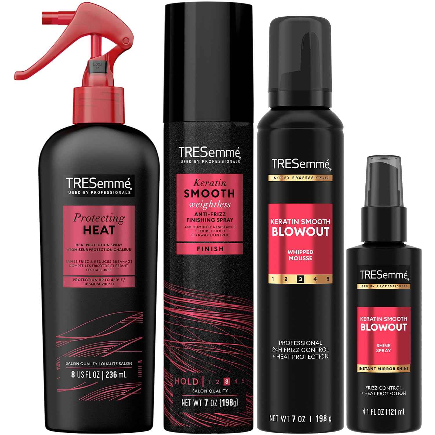 TRESemmé Keratin Smooth Blowout Hair Styling Bundle – Mousse + Finishing, Protecting Heat & Shine Sprays, Frizz Control