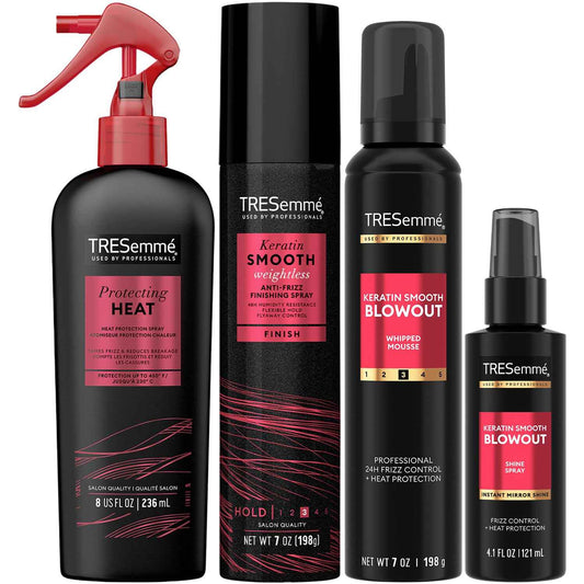 TRESemmé Keratin Smooth Blowout Hair Styling Bundle – Mousse + Finishing, Protecting Heat & Shine Sprays, Frizz Control