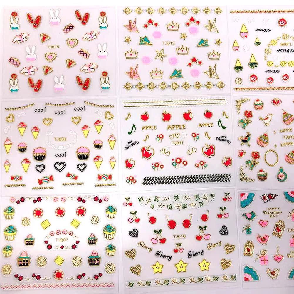 30 Sheets Valentine's Day Nail Stickers Flower Heart Nail Decals Fruit Cake Red Lip Series 3D Gold Nail Art Supplies Self-Adhesive Nail Art Design Sticker for Women Girl Manicure Decorations Accessory