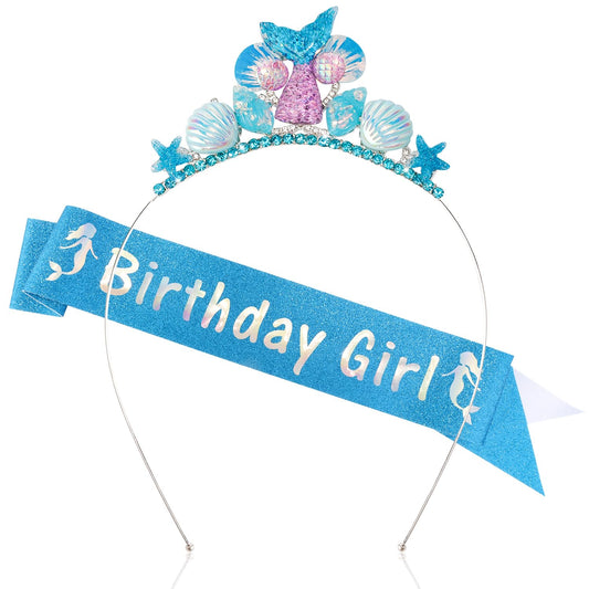 Atoden Little Mermaid Birthday Outfit Blue Princess Tiara Crown Headpiece, Starfish Seashell Mermaid Tail Headband and Sash, Birthday Accessories for Women and Girls, Party Supplies Gifts