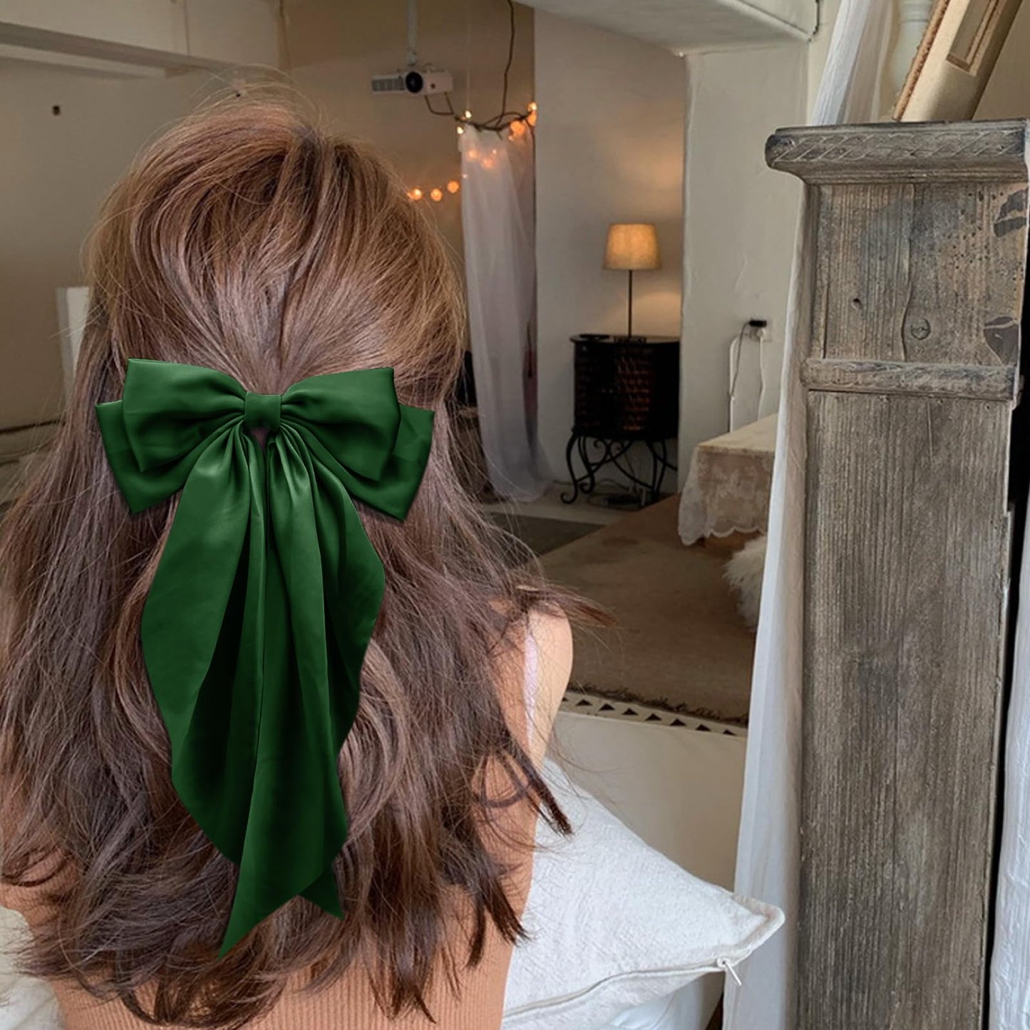 Large Hair Bows for Grass Green Women Silky Satin Hair Bow Hair Clips Long Tail French Hair Ribbon Coquette Bows Hair Accessories for Girls