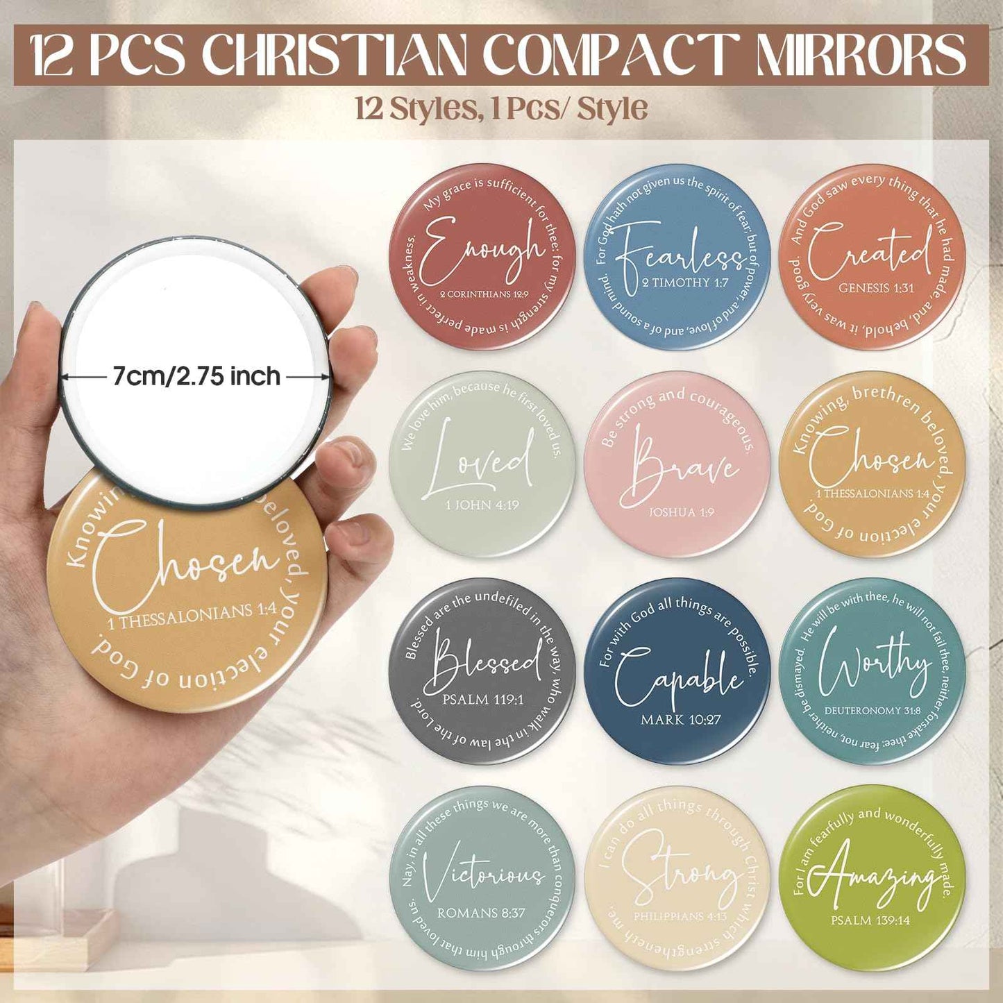 Geelin 12 Sets Christmas Christian Gifts Bulk Religious Canvas Makeup Bags with Bible Verse and Compact Mirrors Inspirational Gifts for Women Teacher Staff Coworker Christmas Favors (Classic)