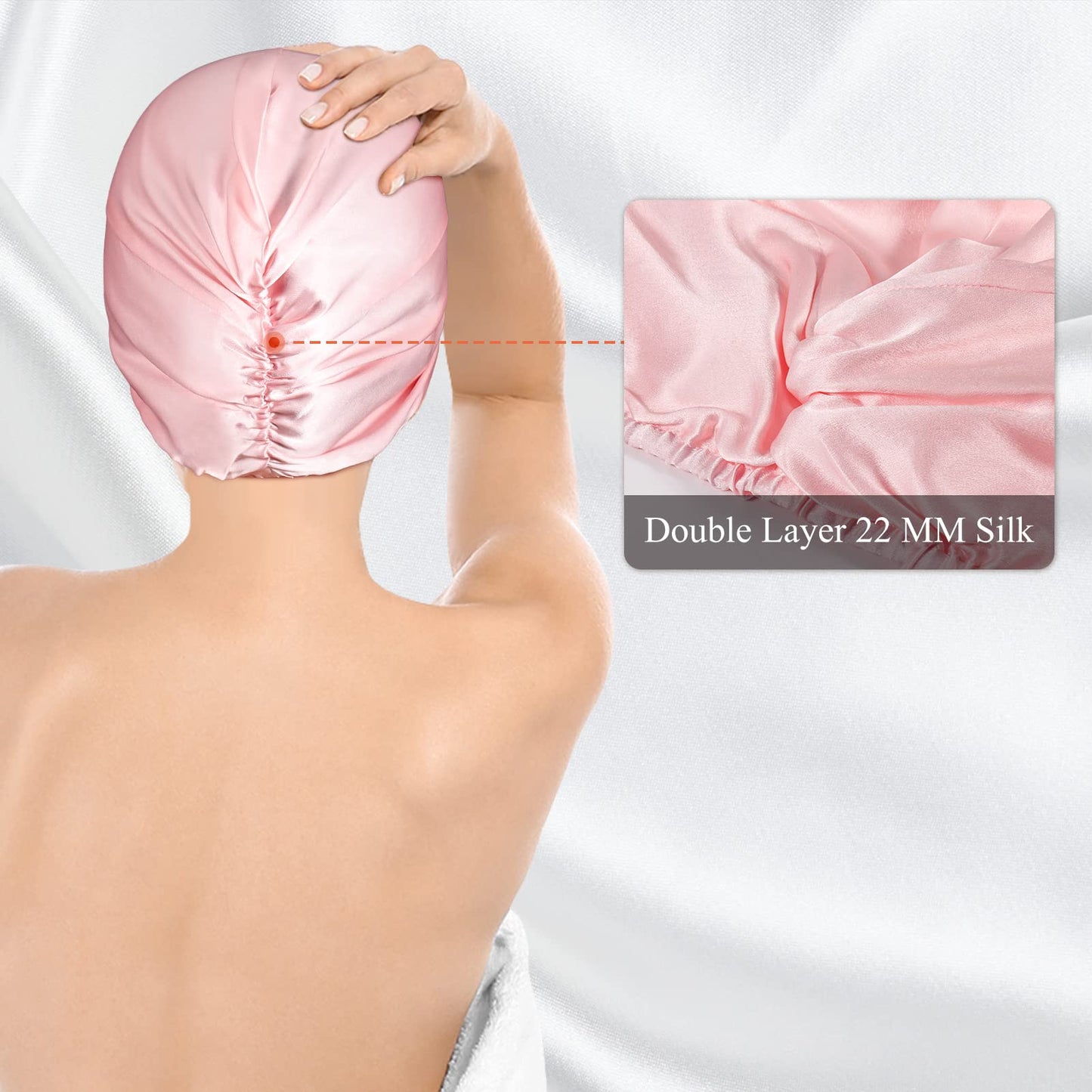Kenllas 22-Momme 100% Mulberry-Silk Bonnet - Natural Pure Silk Sleep Cap for Women Curly Hair Care Cover with Tie and Elastic Band (Pink - Double Layer)