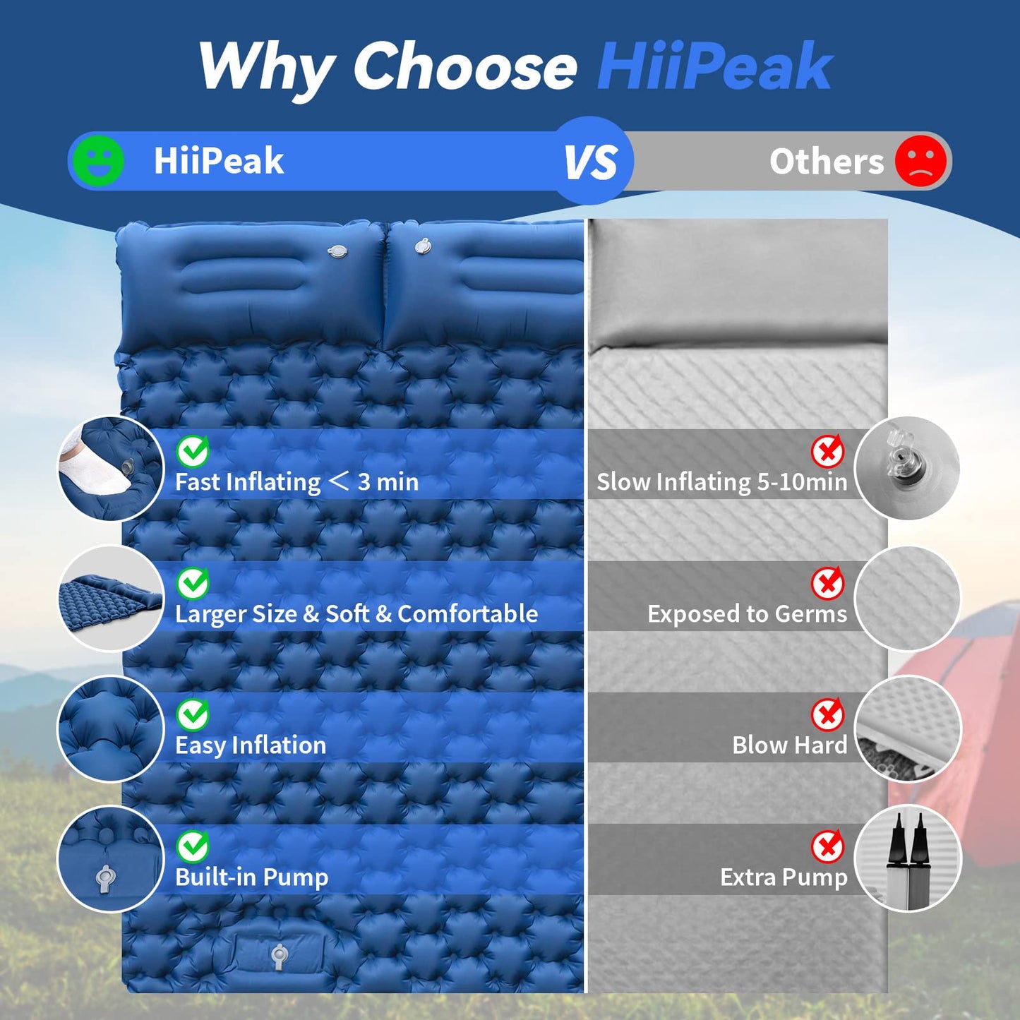 HiiPeak Inflatable Double Camping Mat with Foot Pump & Pillow, Ultralight Sleeping Air Pad for 2 Person, Portable Sleeping Bed Compact for Camping Hiking Backpacking Outdoor