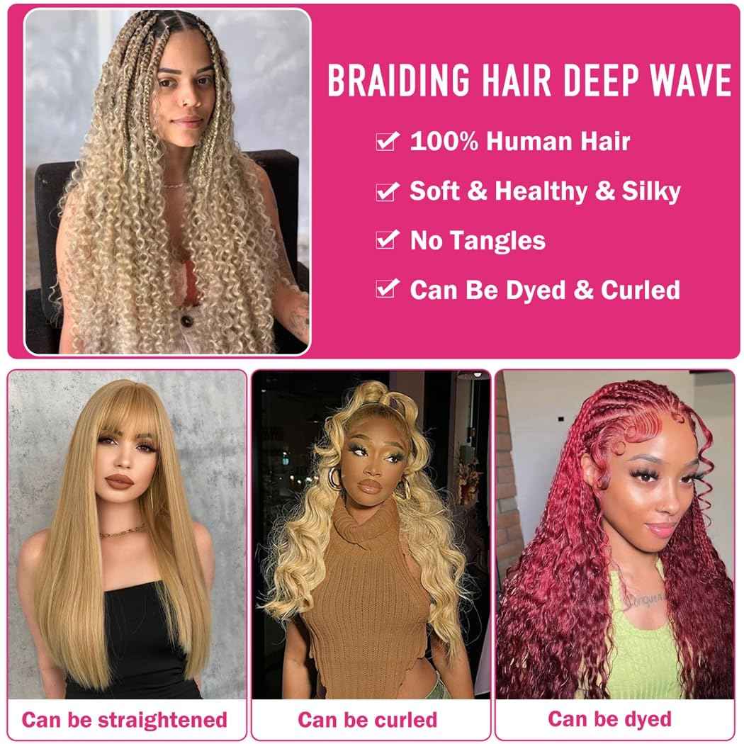 Odir Deep Wave Bulk Human Hair for Braiding No Weft 100% Unprocessed Brazilian Curly Braiding Human Hair Extensions Wet and Wavy Human Braiding Hair for Boho Braids 2 Bundles (20 Inch,27,100g)