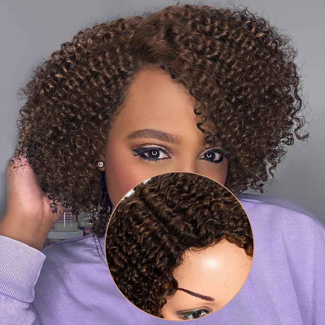 N BLE STAR 5inch Side Part HD Lace Front Wigs 10" Wear and Go Glueless Wigs Human Hair 180% Density Brazilian Virgin Hair Kinky Curly Lace Front Wig P4/30#