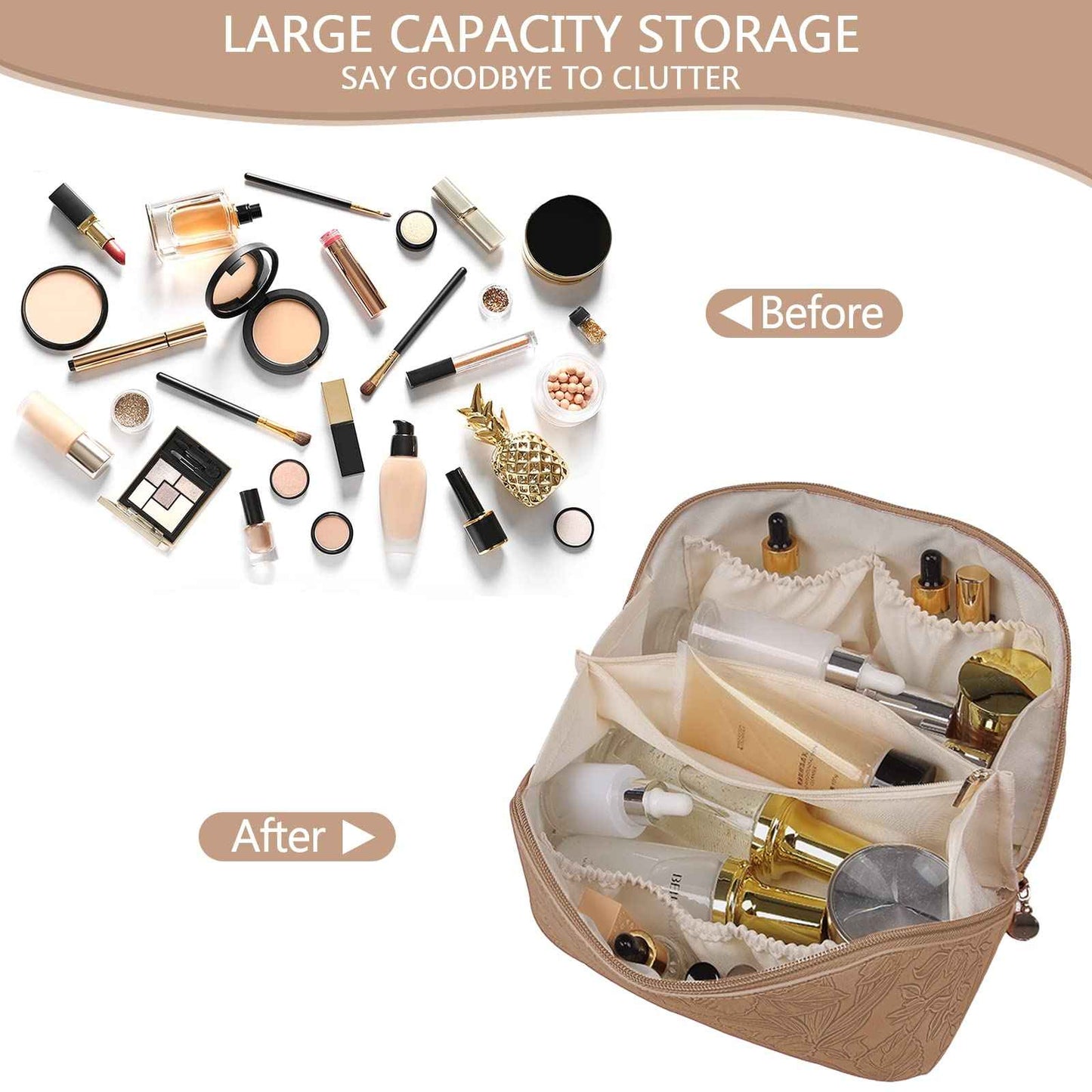 BAKLUCK Large Capacity Travel Cosmetic Bag with Compartment, Waterproof PU Leather Portable Flower Makeup Organizer Bag for Women and Girls - Khaki