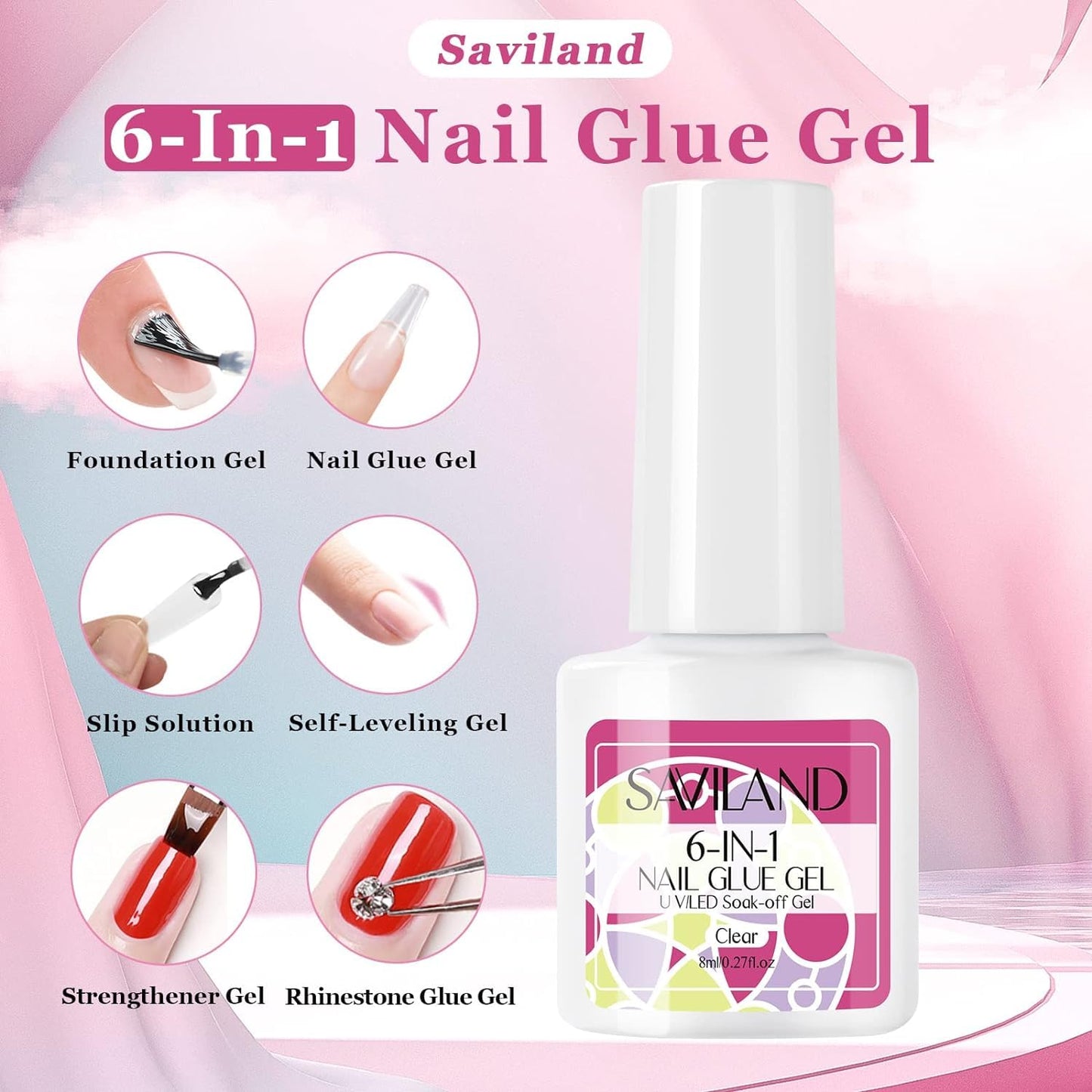 Saviland Nail Glue Press on Nails: 6 in 1 Gel x Nail Glue for Acrylic Nails Long Lasting Curing Needed U V LED Hard Solid Gel Extension Glue for False Nail-Tip Women Set