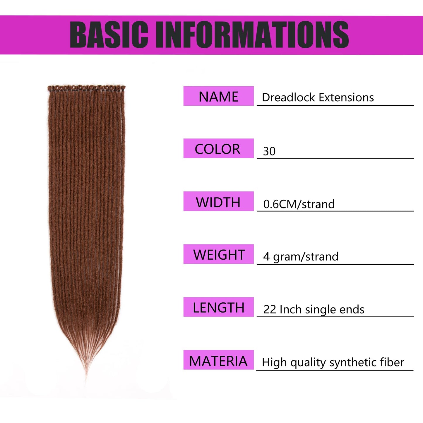 22 Inch Brown Dreadlock Extensions Single Ended Hippie Dreads 0.6 cm Width Loc Extensions Reggae Style Synthetic Crochet Dreads Extensions (10 Strands)