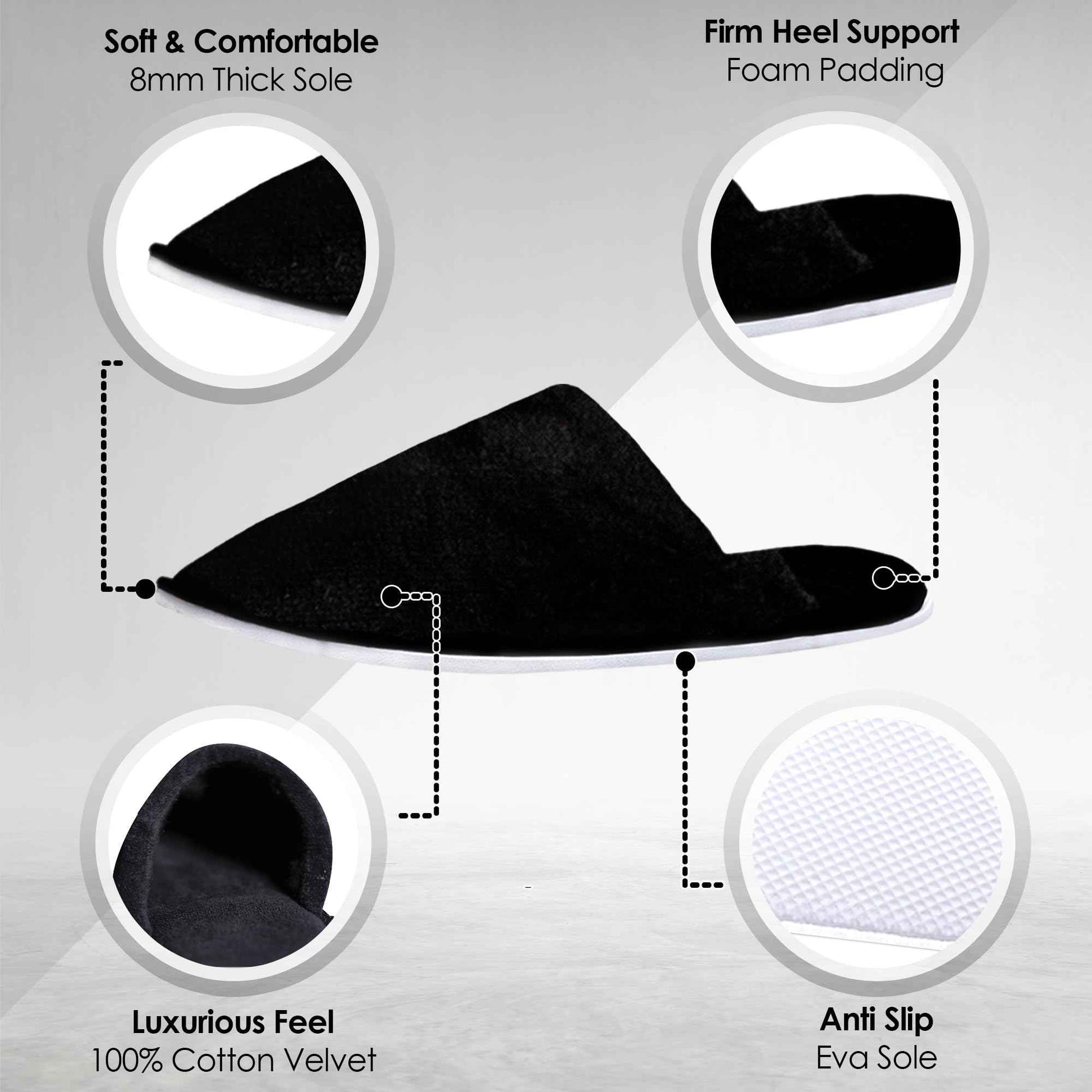 Modlux Spa Slippers – 6 Pairs of Cotton Velvet Closed Toe Slippers – Thick, Soft, Non-Slip, Disposable Slippers – Home, Hotel, or Commercial Use (6 Pack Large, Black)