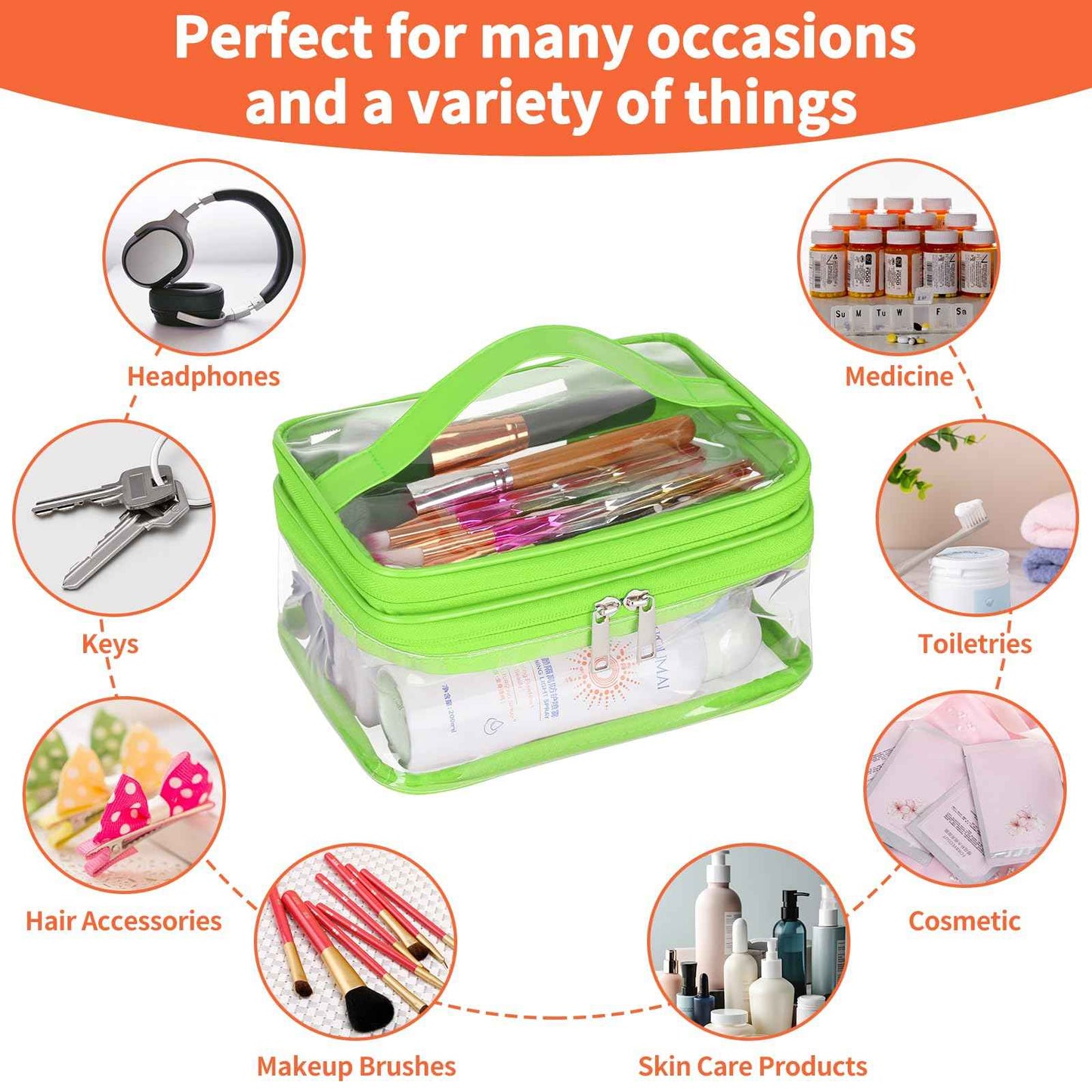 HAOGUAGUA Double Layer Clear Cosmetic Bag Makeup Bag, Waterproof Travel Toiletry Bag, Transparent PVC Pouch Organizer (Green)