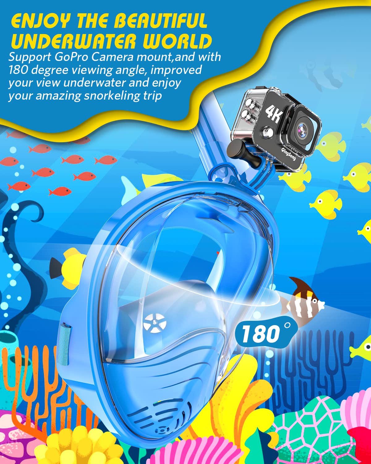 QingSong Kids Snorkel Mask Full Face, Snorkeling Set with Camera Mount, 180 Degree Panoramic View Snorkeling Gear Anti-Fog Anti-Leak