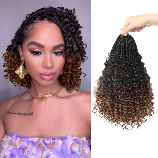 8 Packs Boho Box Crochet Braids Pre Looped with Curly Ends - 8 Inch Goddess Bohemian Box Braids Crochet Hair for Black Women Synthetic 3X Boho Braids Crochet Hair Extensions Pre Looped 1B-4-30