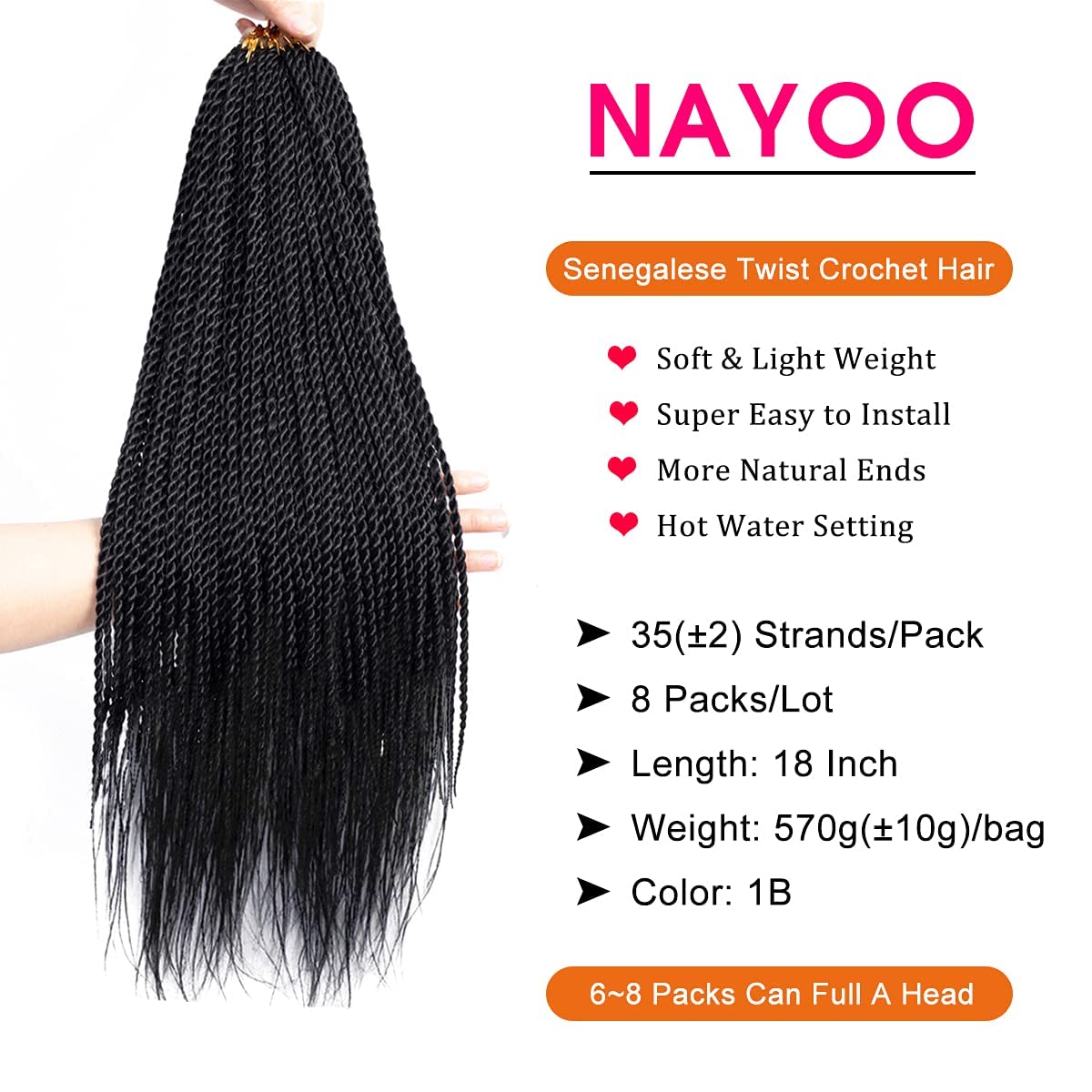 NAYOO Senegalese Twist Crochet Hair For Black Women - 8 Packs , 35 Strands/Pack Small Twist Crochet Braids Hair Hot Water Setting, Crochet Braiding Hair Straight Ends(18 Inch, 1B)