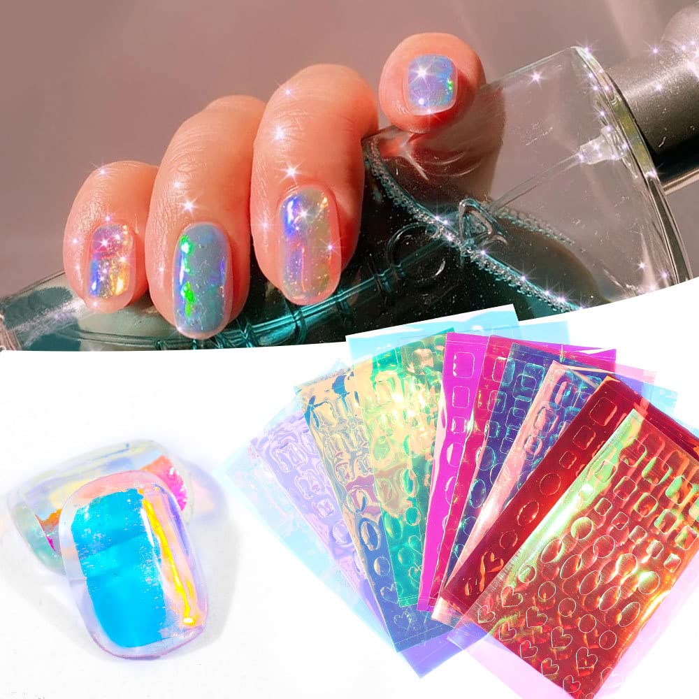 12pcs Nail Art Ice Aurora Nail Sticker Decals, Aurora Laser Heart Nail Art Stickers 3D Dynamic Glass Nail Decals Manicure Holographic Nail Foil DIY Trendy Nails Design Film Decoration for Women Girls