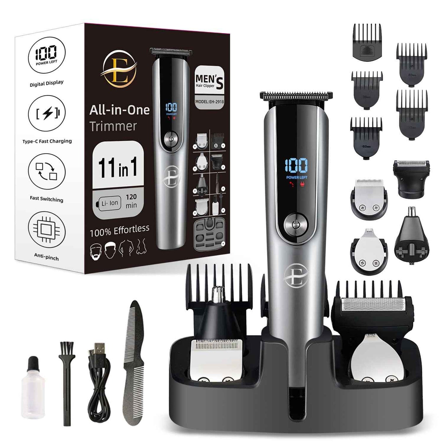 Beard Trimmer for Men - 5 in 1 Kit Electric Razor, Nose Hair Trimmer with LED Display, Cordless Mustache Body Face Grooming Kit, Rechargeable Beard Shaver (Aluminum)