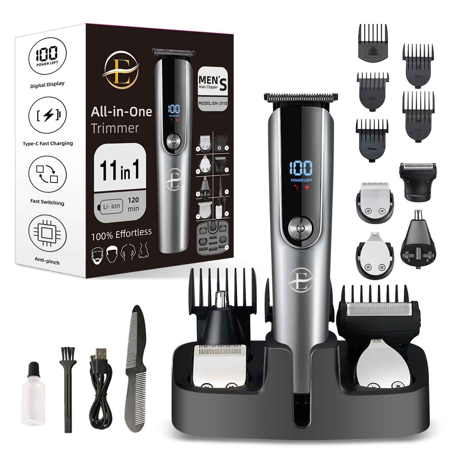Beard Trimmer for Men - 5 in 1 Kit Electric Razor, Nose Hair Trimmer with LED Display, Cordless Mustache Body Face Grooming Kit, Rechargeable Beard Shaver (Aluminum)
