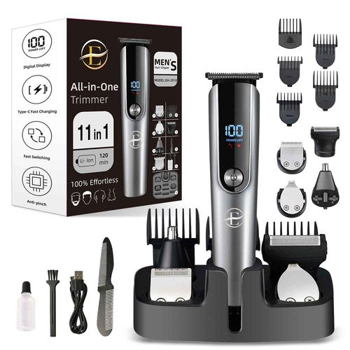 Beard Trimmer for Men - 5 in 1 Kit Electric Razor, Nose Hair Trimmer with LED Display, Cordless Mustache Body Face Grooming Kit, Rechargeable Beard Shaver (Aluminum)