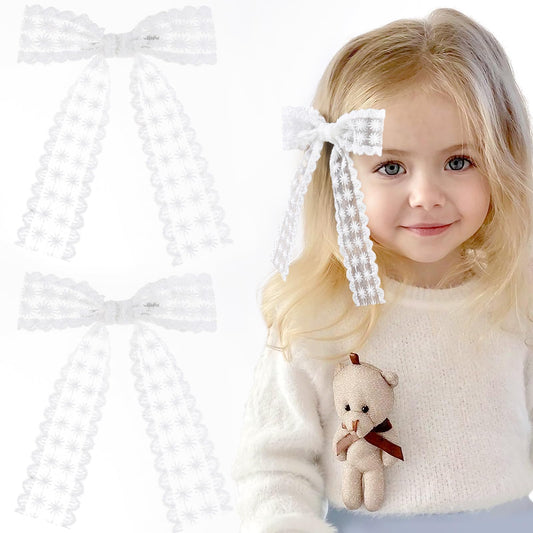 2Pcs Long Ribbon Hair Bows for Girls Hair Clip Silk Hair Bow Ribbon Hair Accessories for Baby Toddlers Infant Teens Kids (White -Lace)