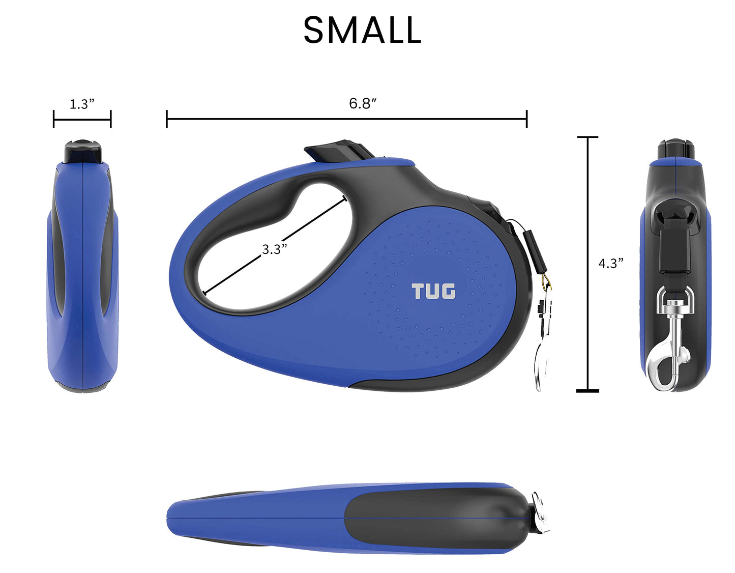 TUG 360° Tangle-Free Retractable Dog Leash with Anti-Slip Handle | 16 ft Strong Nylon Tape | One-Handed Brake, Pause, Lock (Small, Blue)