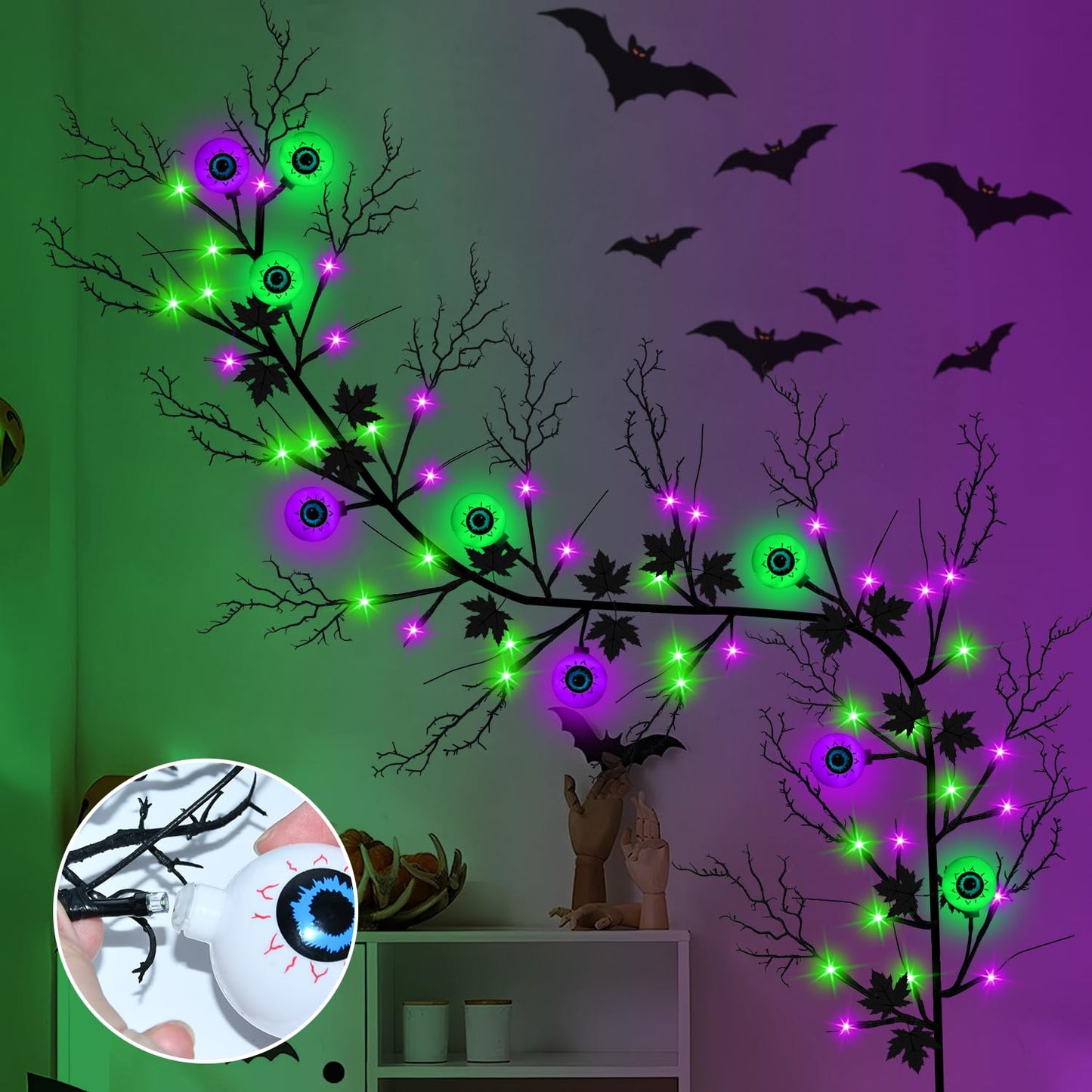 Halloween Decorations 6 Ft 54 LED Purple & Green Lights, Willow Vine Twig Garland with 9 Tree Leaves & 9 Eyeball, Battery Operated 8 Modes Halloween Lights for Home Wall Window Fireplace Mantle Decor