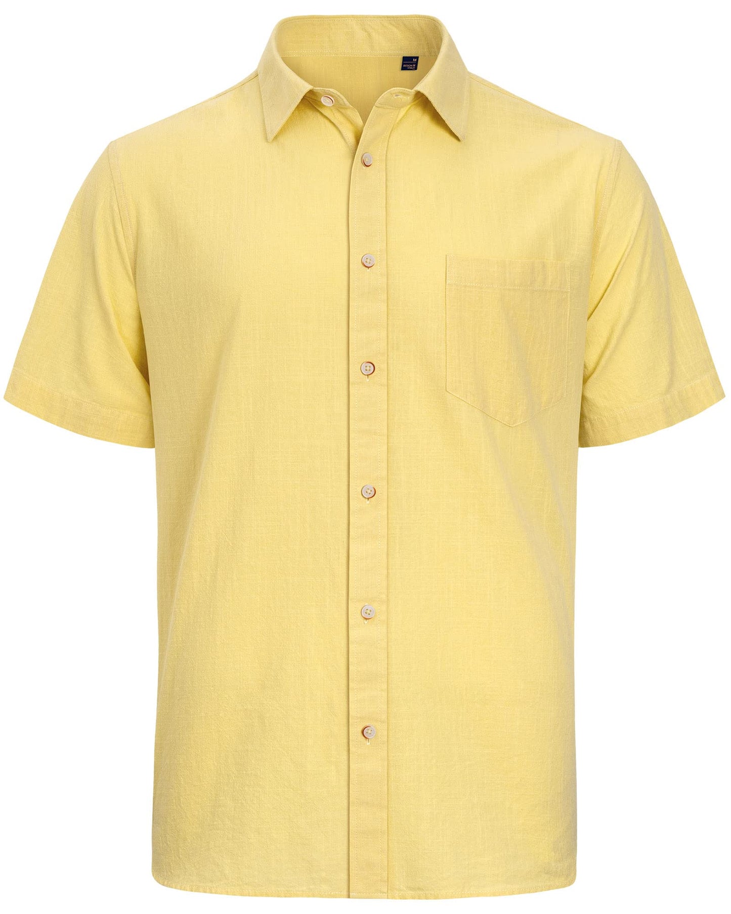 J.VER Men's Casual Button Up Linen Shirts Solid Short Sleeve Work Shirt Loose Fit Vacation Tees with Pocket Light Yellow Medium