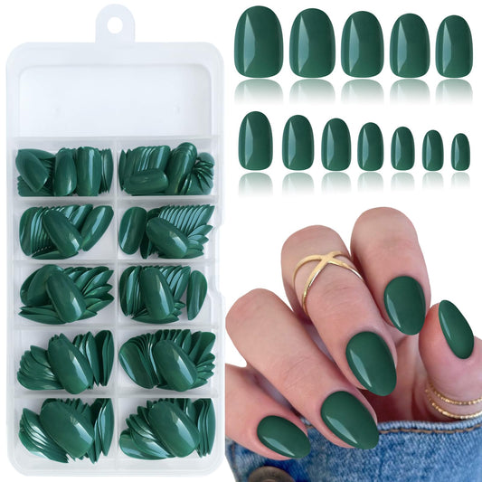 Lifextol Short Press on Nails Almond Fake Nails, 240 Round Almond Press on Nail Short Full Cover Acrylic Presson Nail Tips Green Artificial False Fingernails & Nail Glue Adhesive Tabs for Women Kids