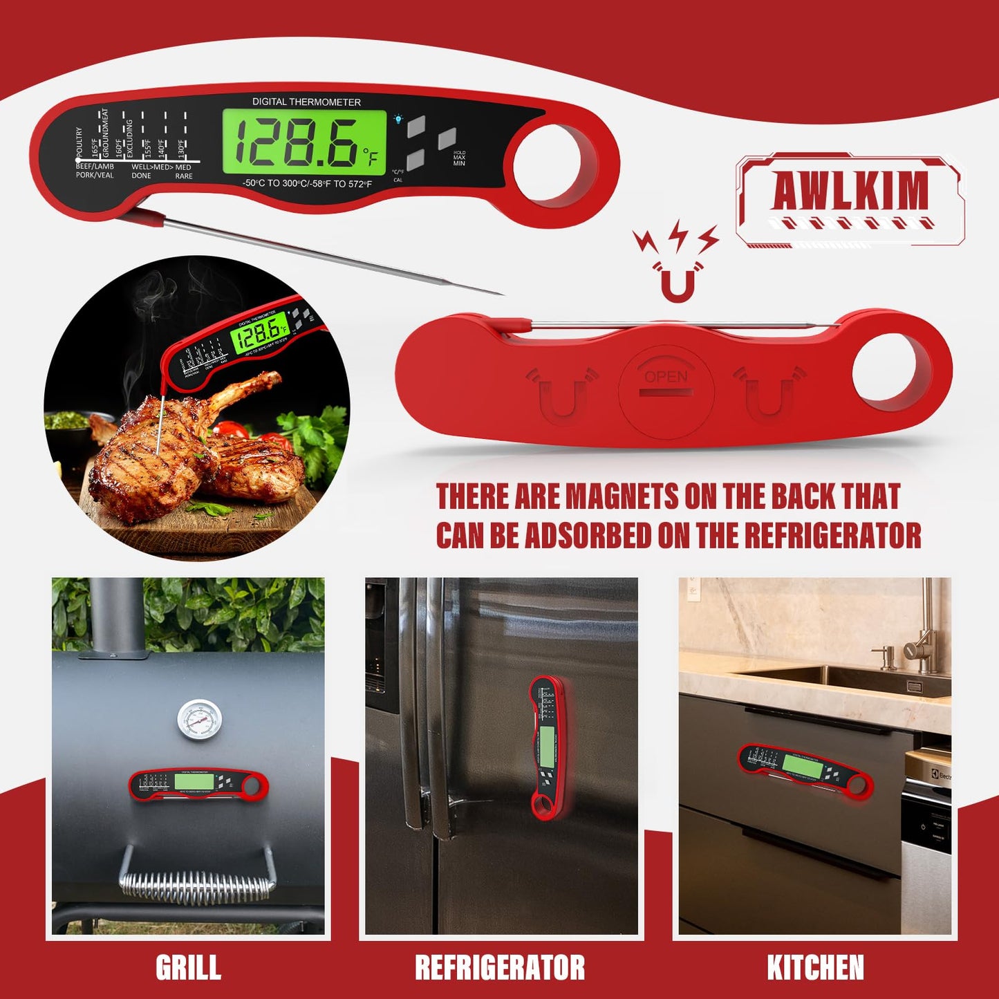 Meat Thermometer Digital - Fast Instant Read Food Thermometer for Cooking, Candy Making, Outside Grill, Waterproof Kitchen Thermometer with Backlight, Stocking Stuffers for Adult Men