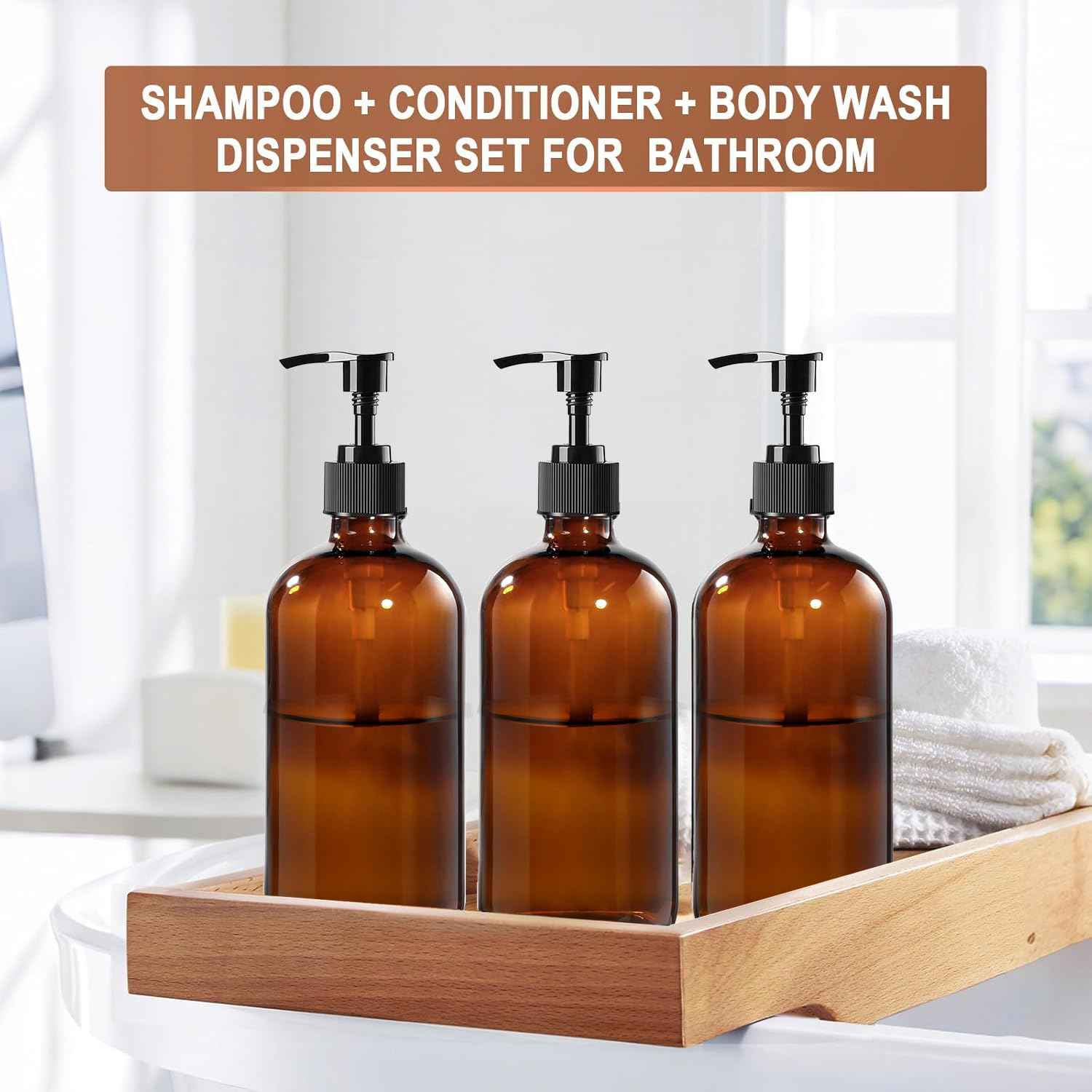 BPFY 4 Pack 16 oz Amber Glass Bottles with Pumps for Shampoo, Essential Oils, Cleaning Products, Lotions, Aromatherapy Oil, Pump Bottles, Refillable Containers with Cap, 8 Chalk Labels, 1 Pen
