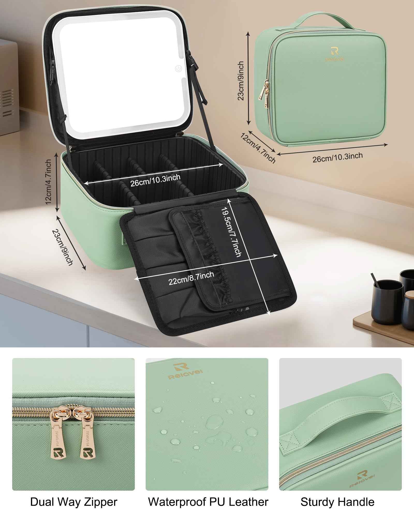 Relavel Makeup Bag With Light Up Mirror, Travel Cosmetic Case With Brush Organizer Storage Box, Rechargeable Vanity With 3 Color Lights, High Frame Protection (Green)