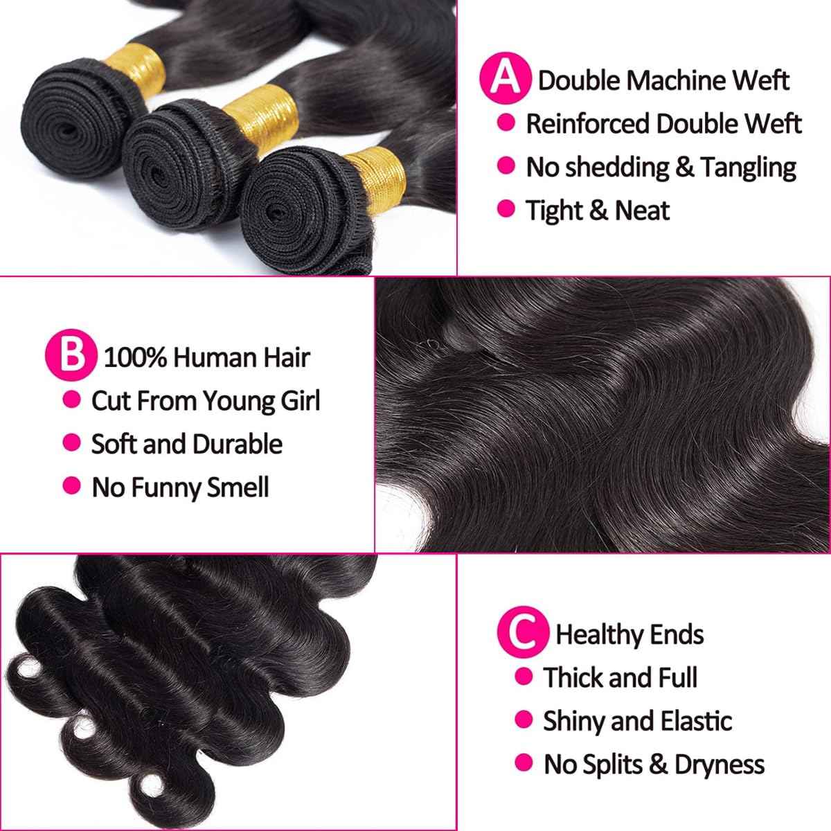 Human Hair Bundles Body Wave 12 14 16 Inch 100% Unprocessed Brazilian Body Wave 3 Bundles Human Hair Extensions for Women Quick Weave Natural Color