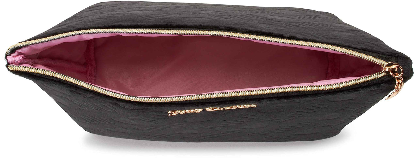 Juicy Couture Black Makeup Bag Cosmetics Organizer Travel Essentials Zip Top Wedge Velour Heart Love