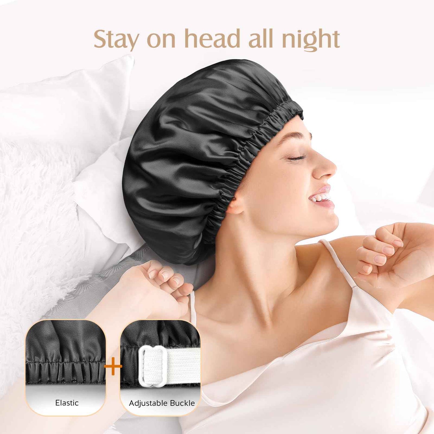 YFONG Double Layered 100% Silk Bonnet for Sleeping Women, 22 Momme Pure Mulberry Silk Sleep Shower Cap with Adjustable Elastic Band Stay On Head，Reduce Frizz, Keep Hairstyle, Black, L
