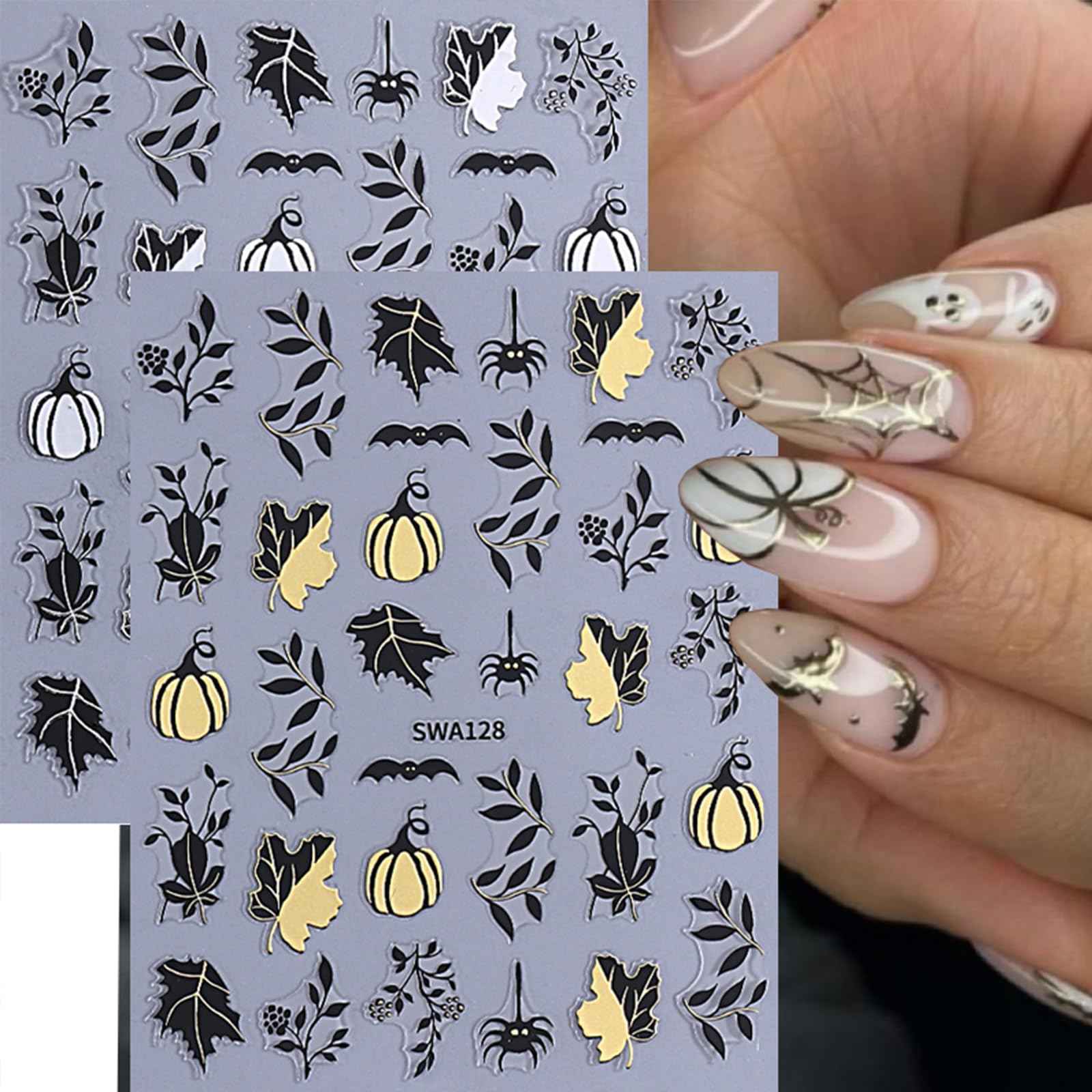 Maple Leaf Nail Art Stickers Pumpkin Nail Decals Cute Ghost Cobweb Bat Sticker for Nails Designs 3D Self-Adhesive Nail Stickers Fall Nail Decoration for Women Nail Art Supplies 4 Sheets