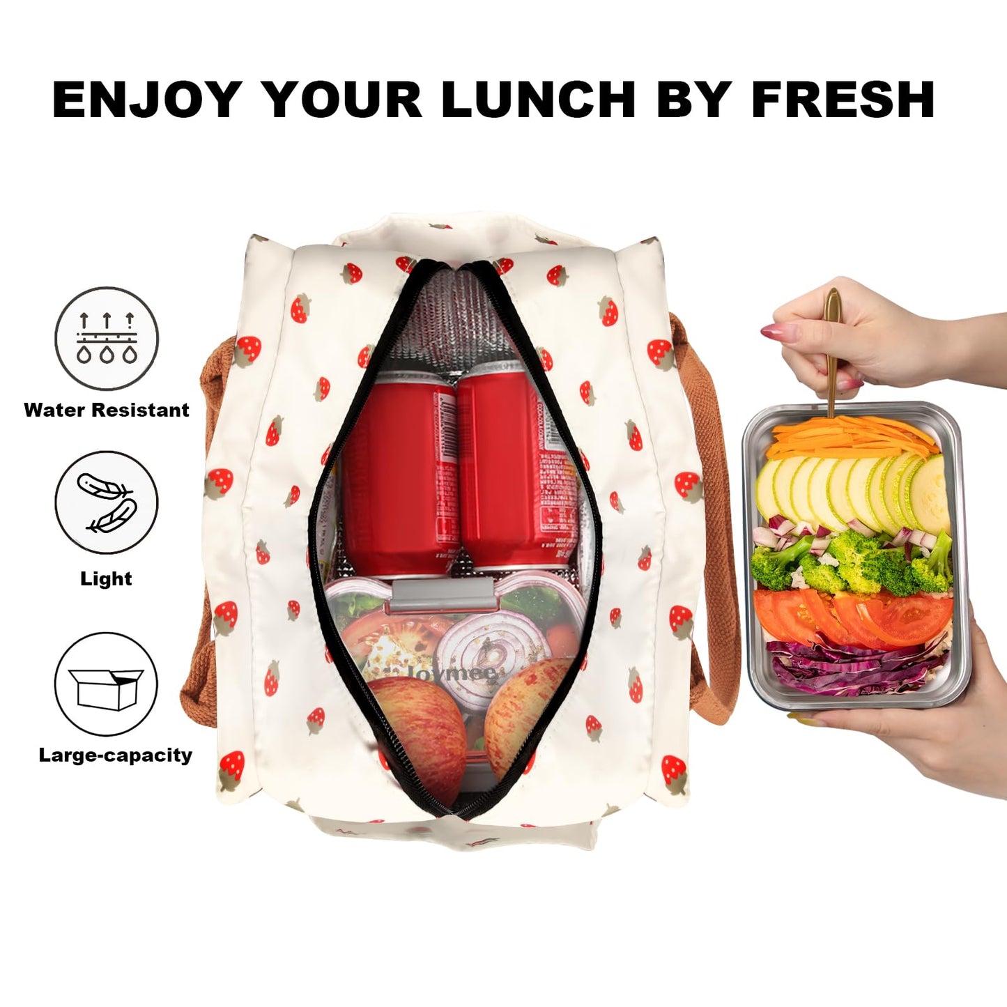 Joymee Lunch Bag Women Insulated Lunch Box Reusable Leakproof Large Spacious Cooler Tote for Women Men Adult with Bottle Holder and Side Pockets for Work Office Travel Picnic - Strawberry