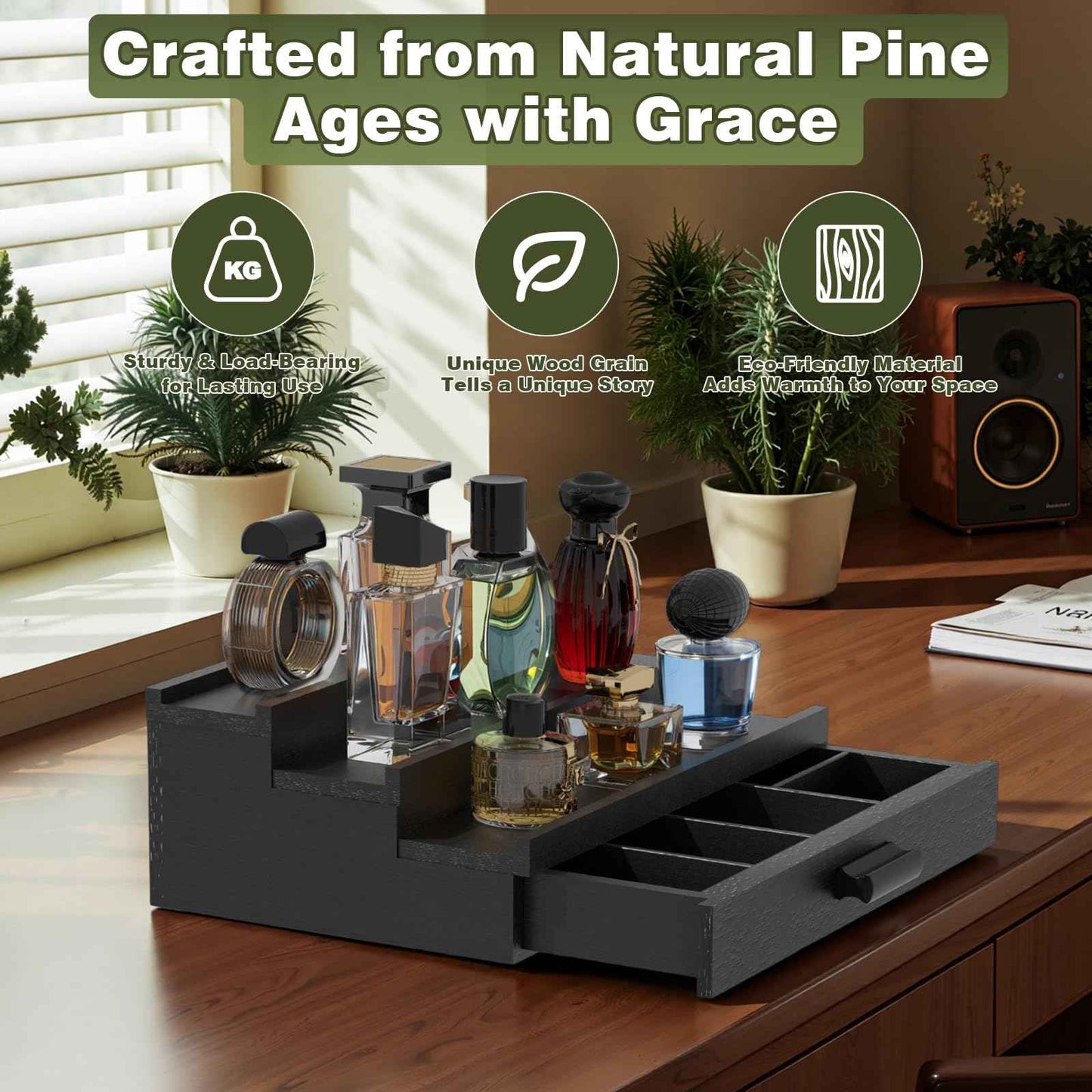 TIRYIUOU Perfume Cologne Organizer for Men: 3 Tier Wooden Perfumes Stand, Desktop Parfum Holder Wood Display Shelf with Cabinet, Bedroom Dresser Makeup Lotion Jewelry Storage Rack with Drawer