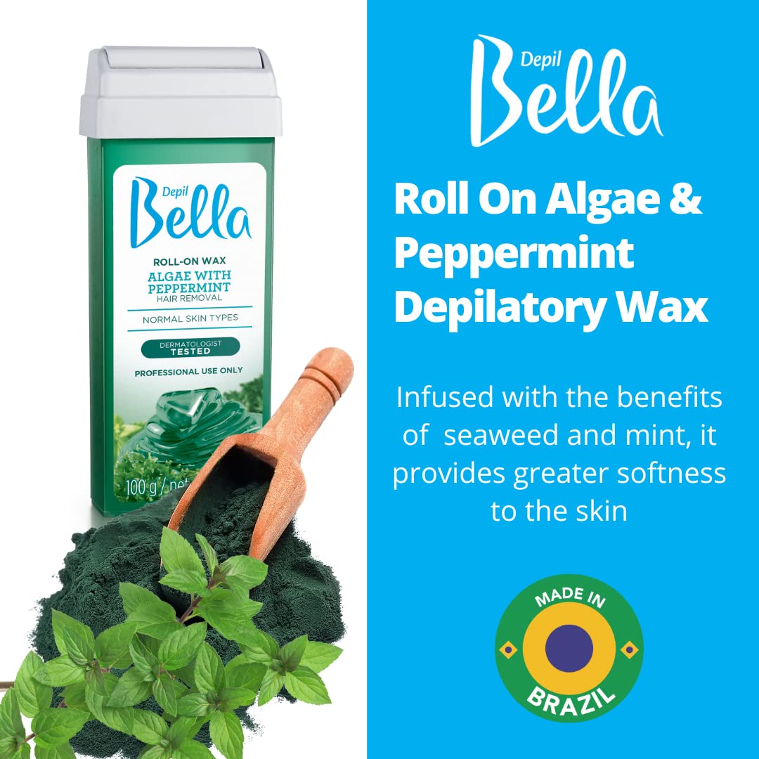 Depil Bella Roll On Wax Algae with Peppermint Depilatory | Body Waxing, Hair Removal Wax-Cartridge | For Men and Women | Home Self Waxing | Sensitive Skin | Painless (6 PACK + ADD)