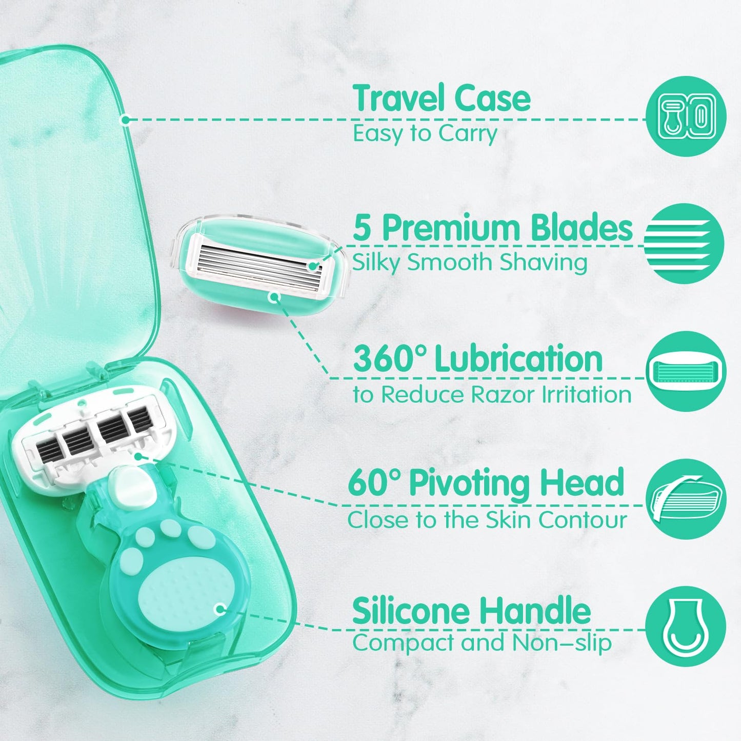 Travel Razors for Women Include 1 Handle and 5 Cartridges, Extra Smooth 5-Blade Mini Razor with Travel Case, Portable Travel Size Toiletries for Women, Green