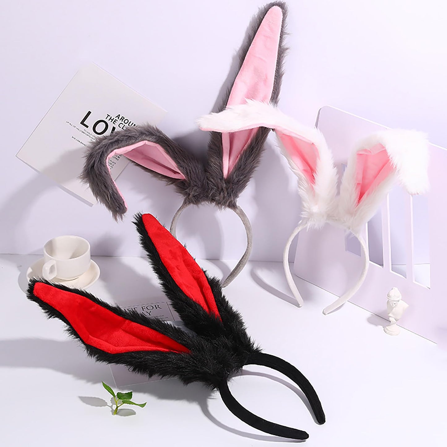 FunSpt Easter Bunny Rabbit Ears Plush Headband Halloween Costume for Aldult Black 4