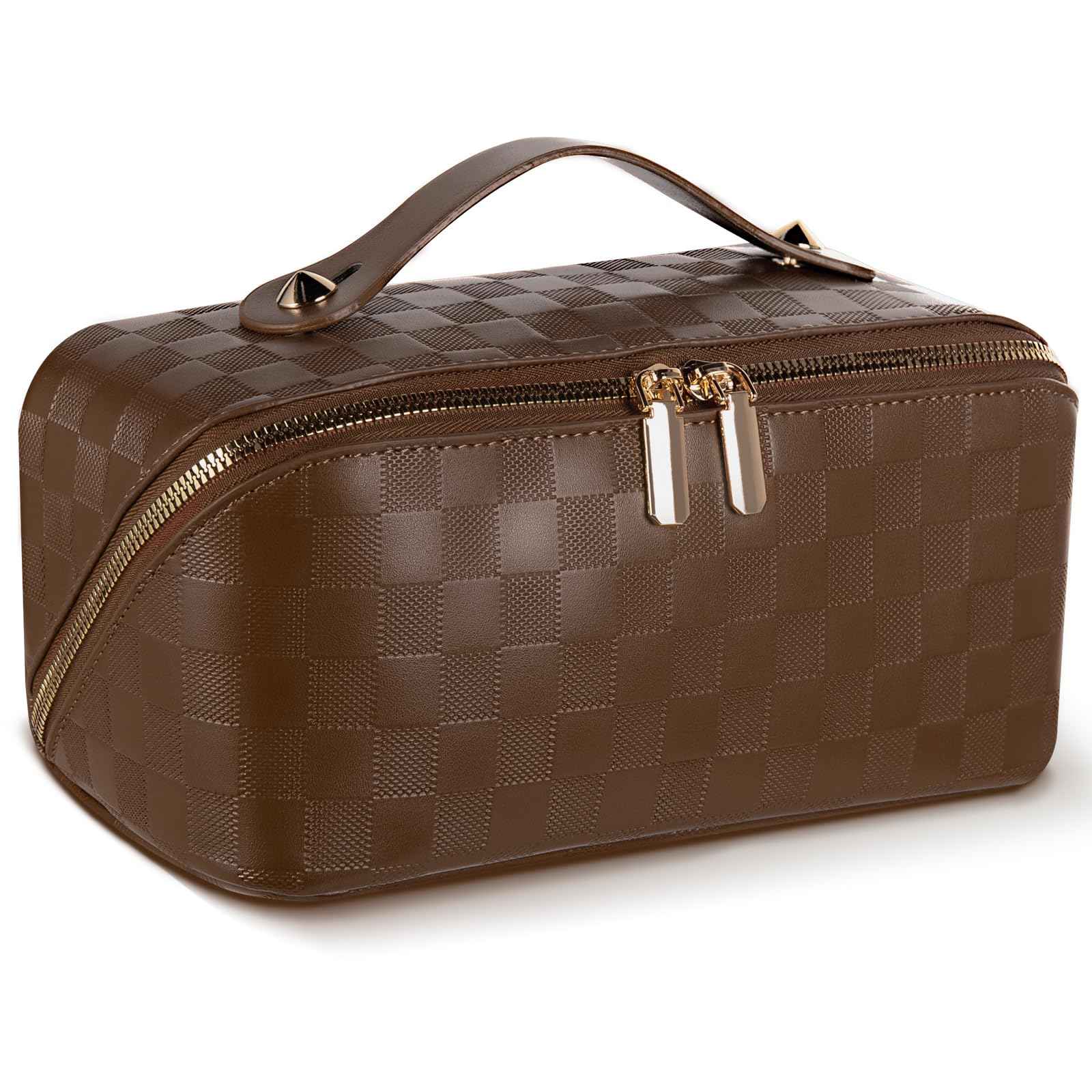 Abiudeng Travel Makeup Bag,Large Capacity Toiletry Bag Cosmetic Bags for Travel Essentials,Waterproof Portable Pouch Open Flat Makeup bag Organizer with Divider and Handle(Checkered-Brown)