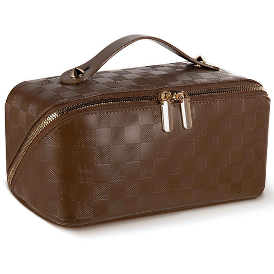 Abiudeng Travel Makeup Bag,Large Capacity Toiletry Bag Cosmetic Bags for Travel Essentials,Waterproof Portable Pouch Open Flat Makeup bag Organizer with Divider and Handle(Checkered-Brown)