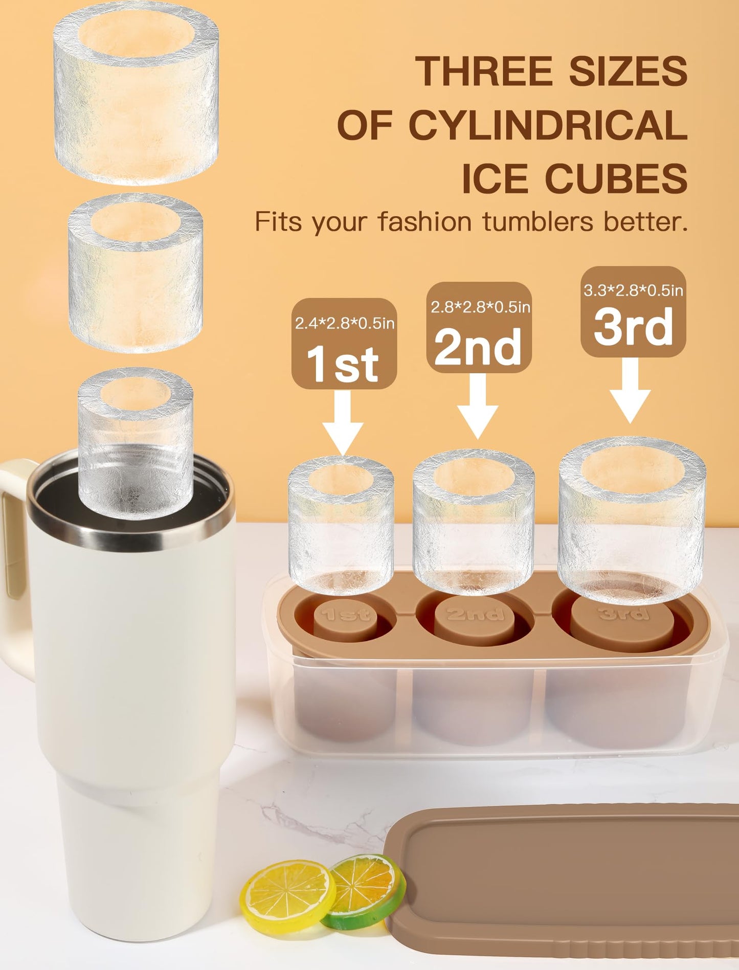 Ice Cube Tray for 30Oz-40Oz Tumbler, 3 Pcs Silicone Hollow Cylinder Ice Mold with Lid and Bin for Freezer, Ice Drink, Juice, Whiskey, Cocktail (Brown, 40 Oz)